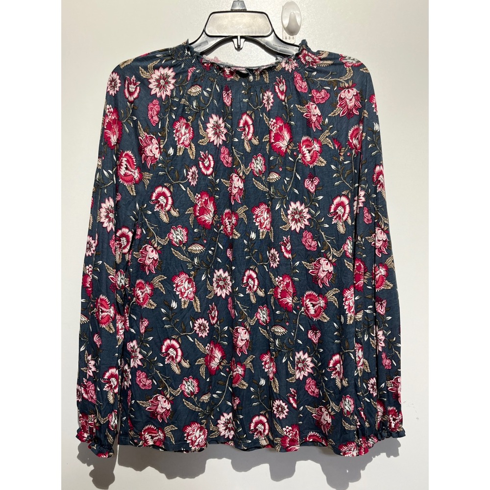 Loft Womens Blue Pink Floral Smocked Mock Neck Rayon Blouse M Long Sleeve